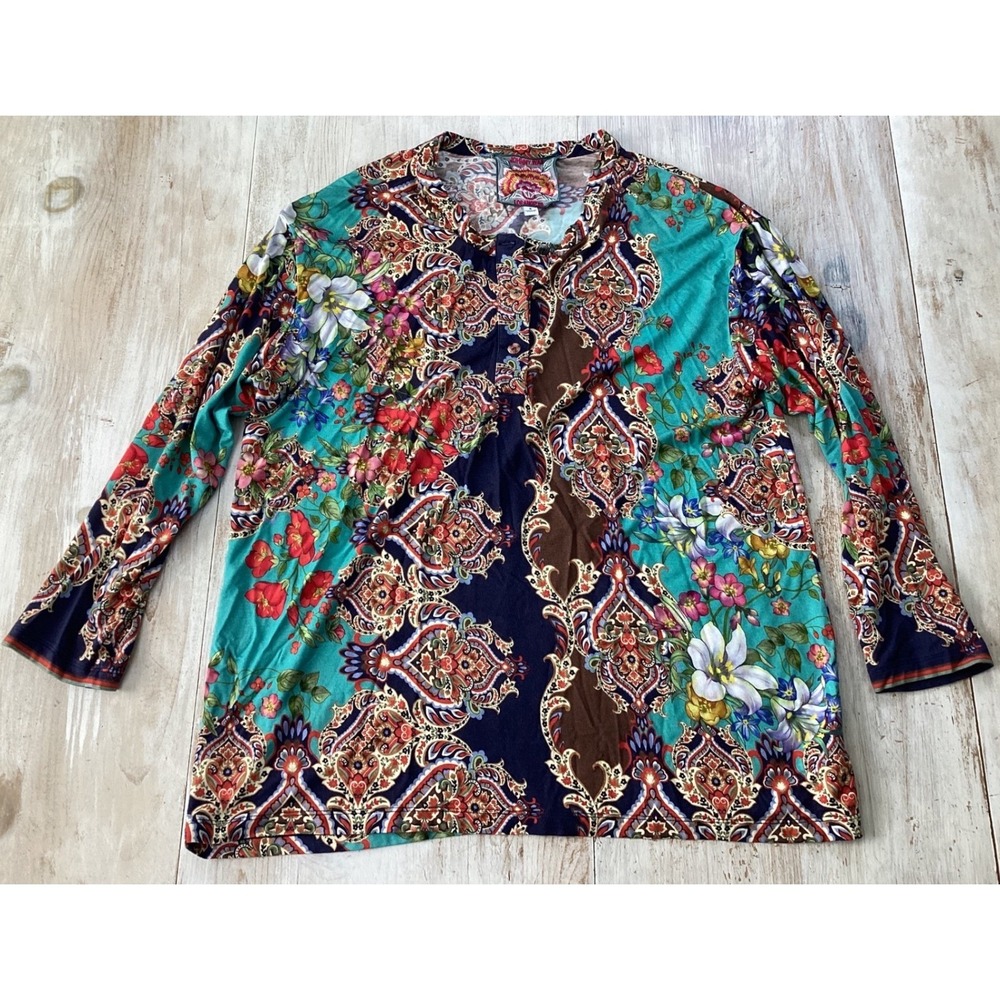 Johnny Was Los Angeles Bamboo Floral Paisley Top Teal Navy Women's Small Boho